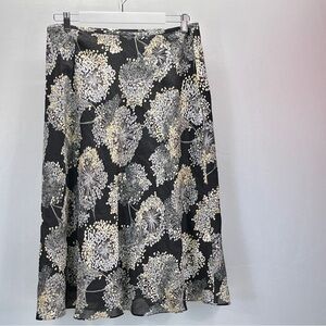 Talbots Black Yellow Floral A-Line Skirt Size 12 Linen Silk Blend Chic Feminine
